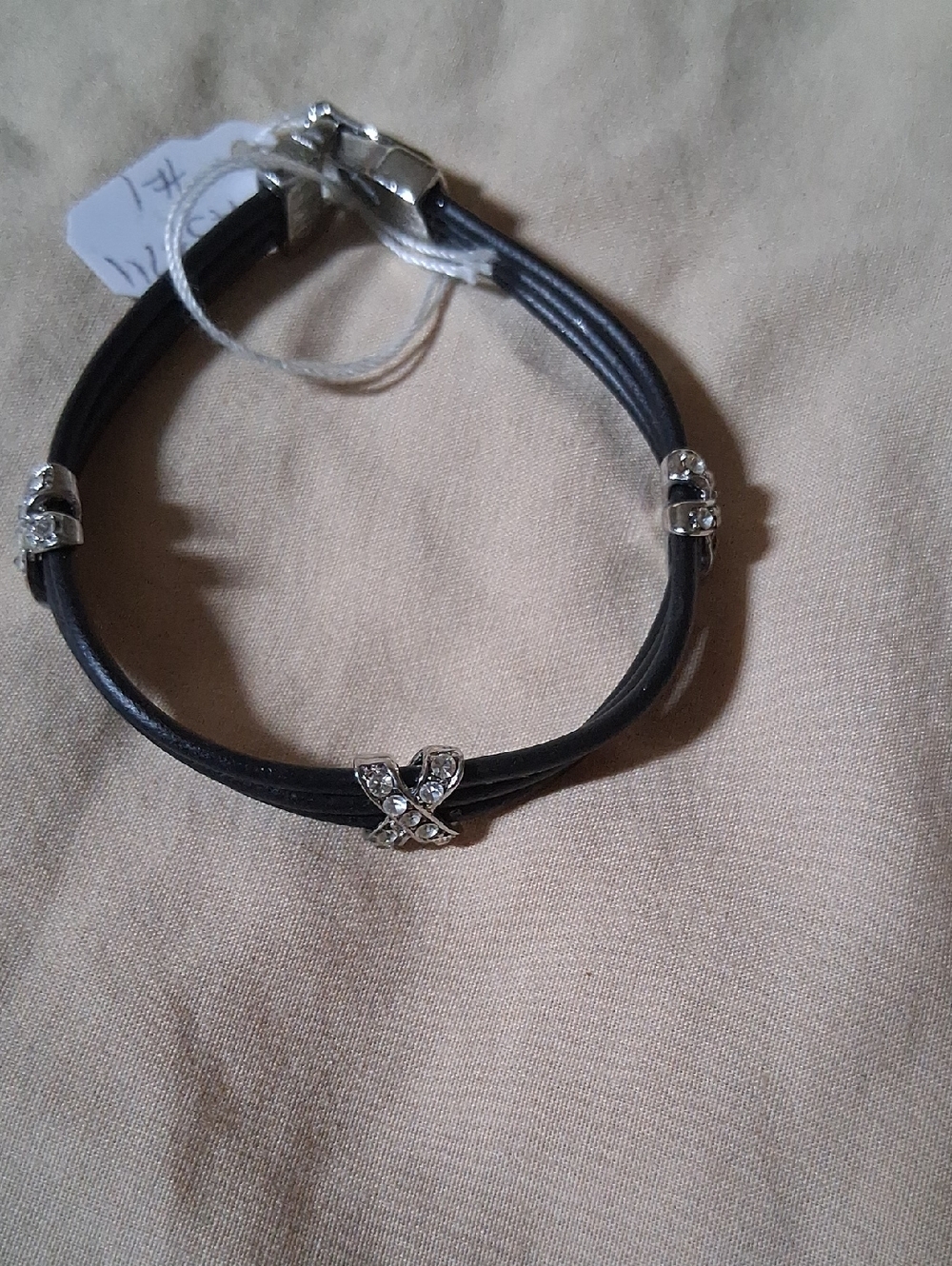 Women's Black Leather Cord Bracelet with Crystal Accents